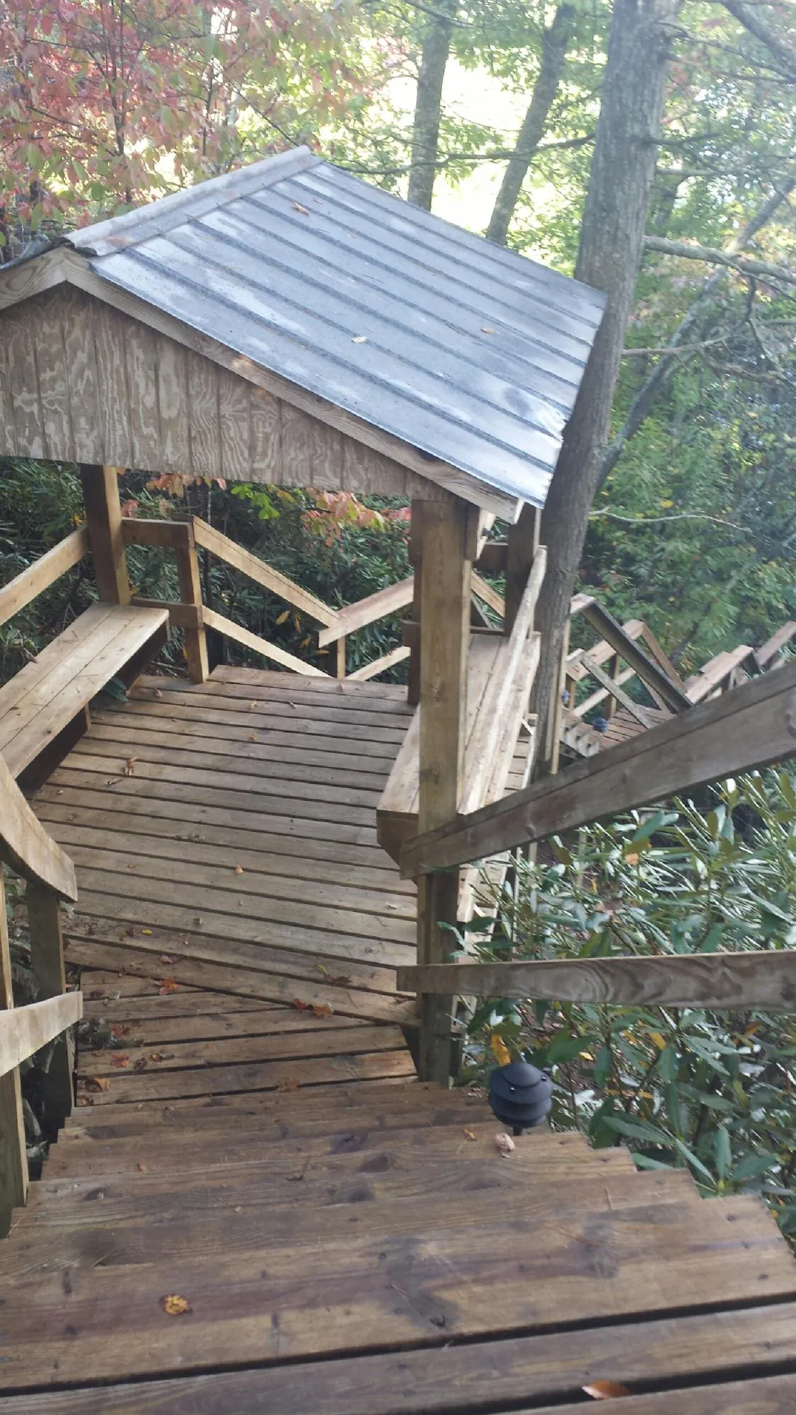 Metal roofed shelter over wooden steps on a wooded walkway — Skylight Repair & Installation work by our crew in Changewater
